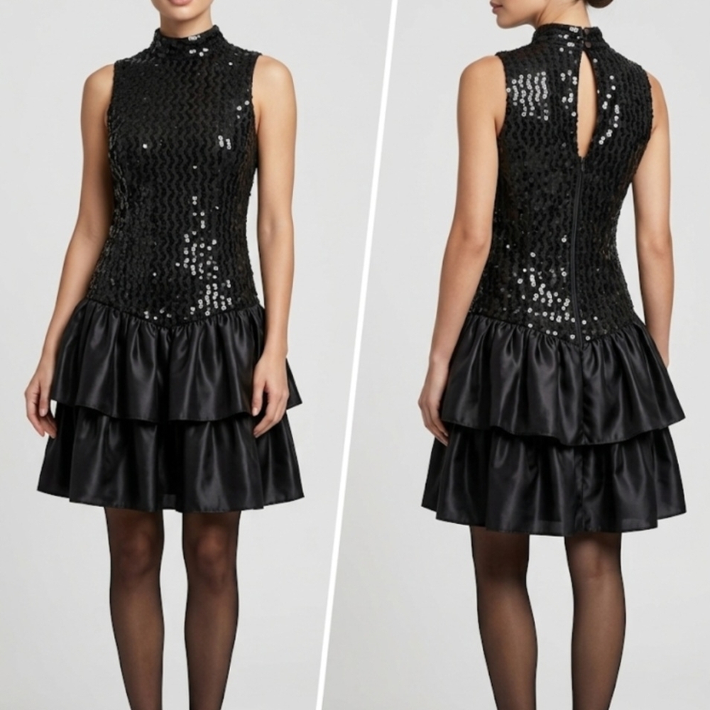 Vintage Mademoiselle Black Sequin Tiered Ruffle Mini Dress Medium Fit-whimsigoth